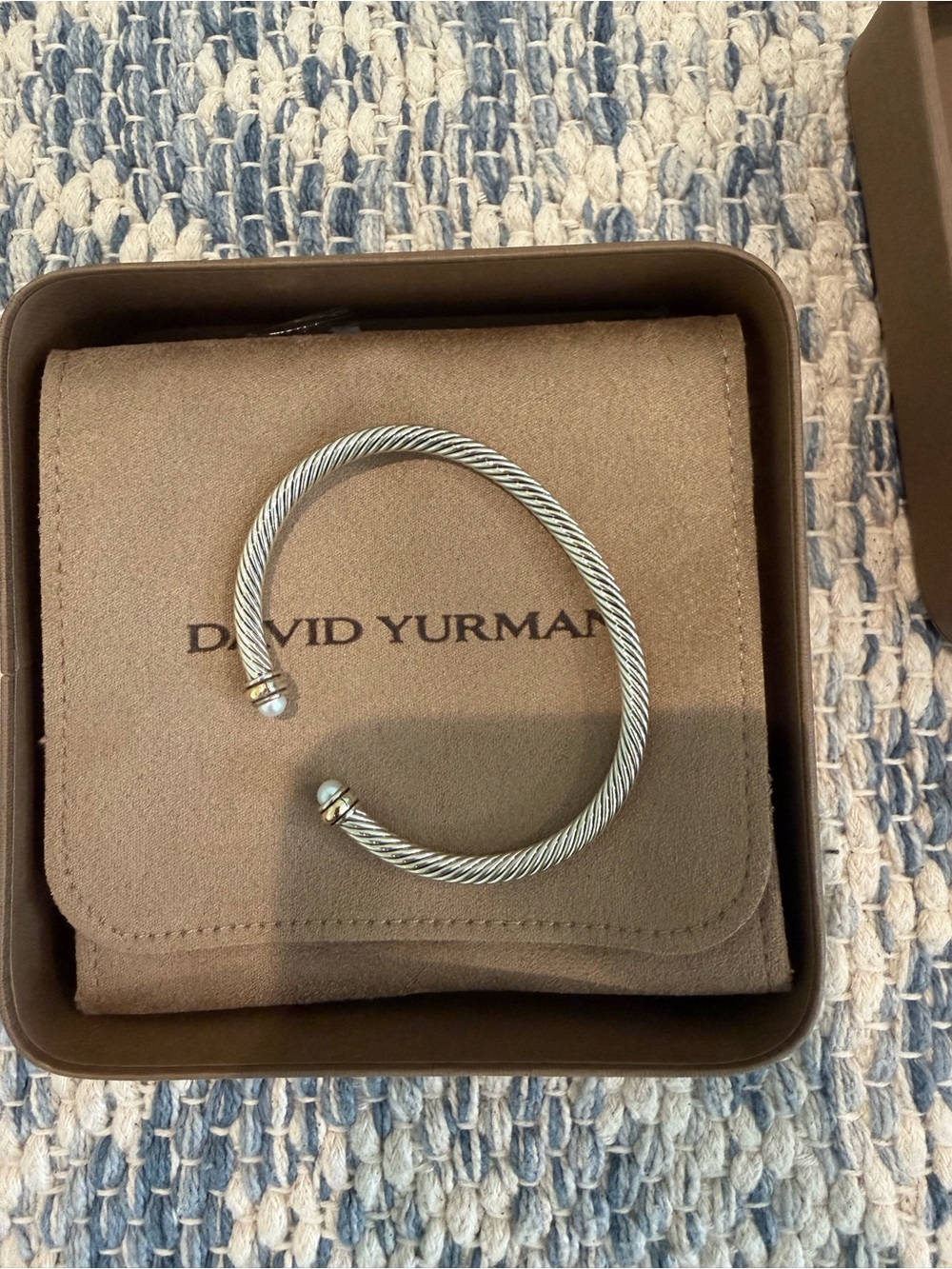 David Yurman Silver Cable Cuff Bracelet with Gold Accents and Pearls